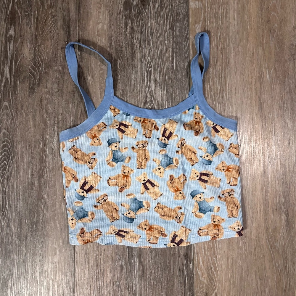 Blue Teddy Bear Print Cropped Tank Top